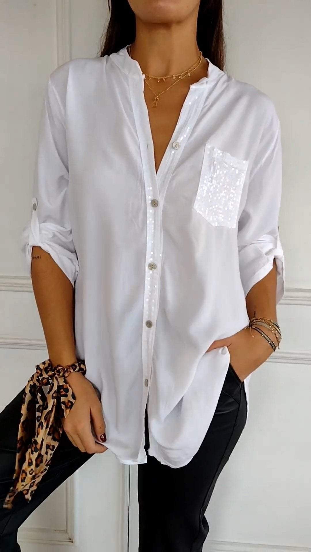Baumwoll-V-Ausschnitt Pailletten Halbarm Casual-Top (2 kaufen gratis Versand)