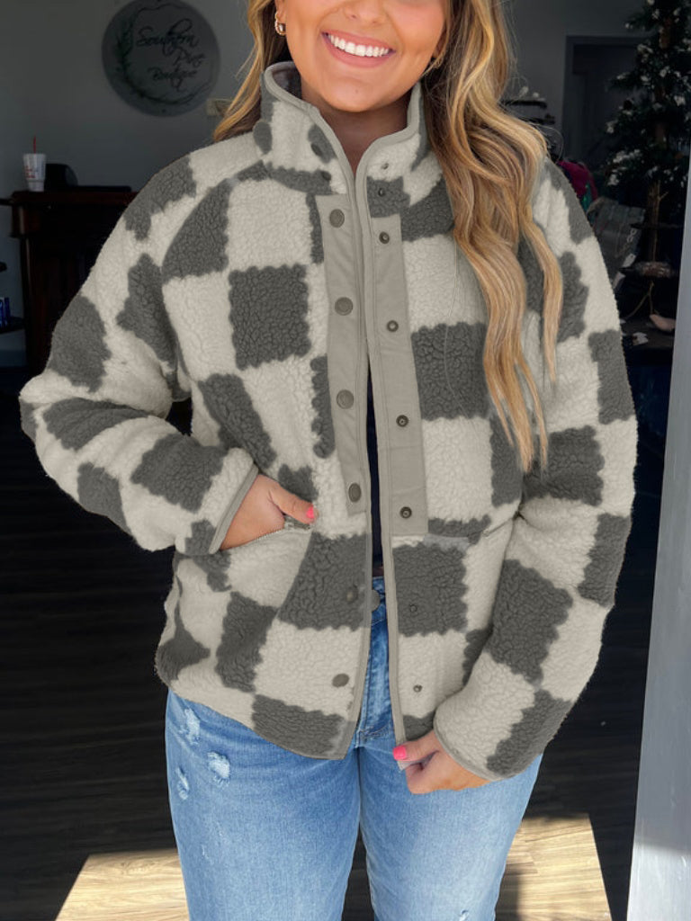 Karierte Sherpa-Fleecejacke für Damen (2 kaufen, kostenloser Versand)