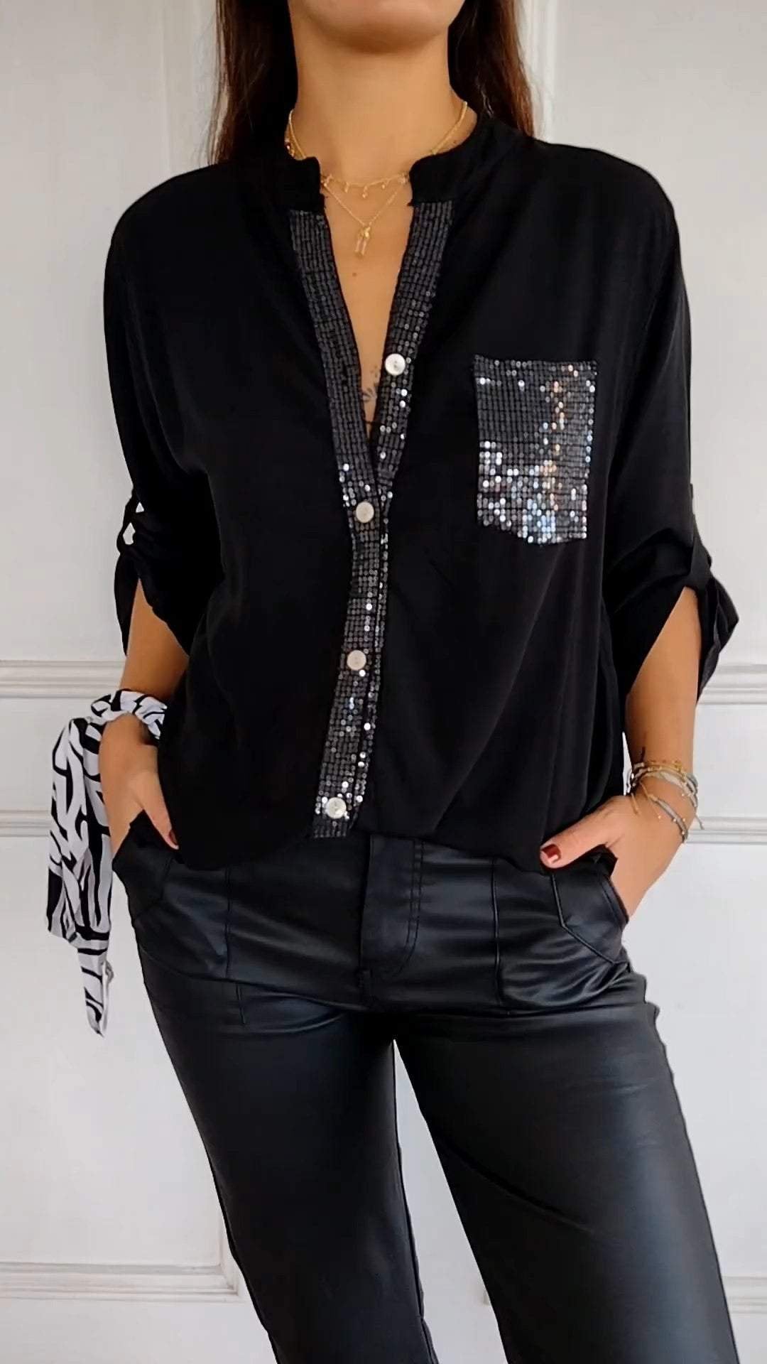 Baumwoll-V-Ausschnitt Pailletten Halbarm Casual-Top (2 kaufen gratis Versand)