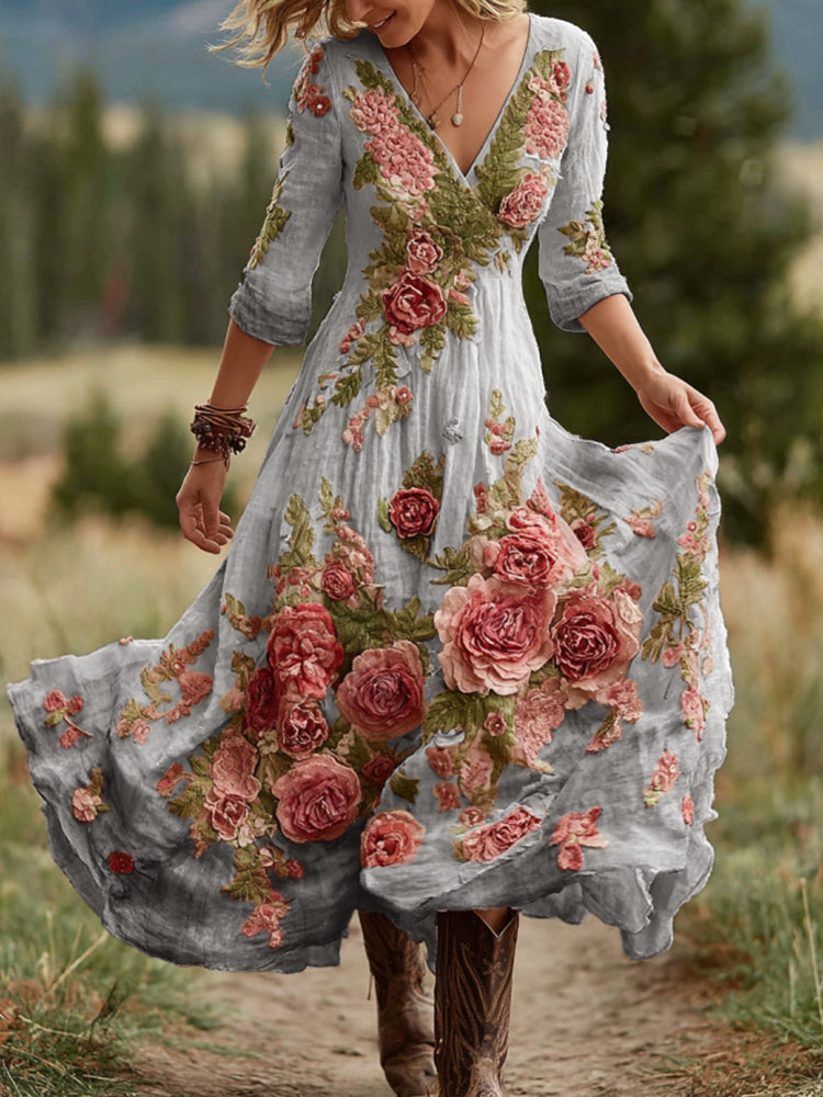 Damen Vintage Rosen Blumenkunst V-Ausschnitt Leinenmischung Bequemes Maxikleid