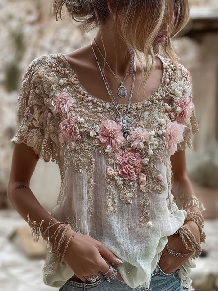 Damen T-Shirt mit runder Ausschnitt und kurzer Ärmel, Leinenmischung mit rosa Rosenstickerei