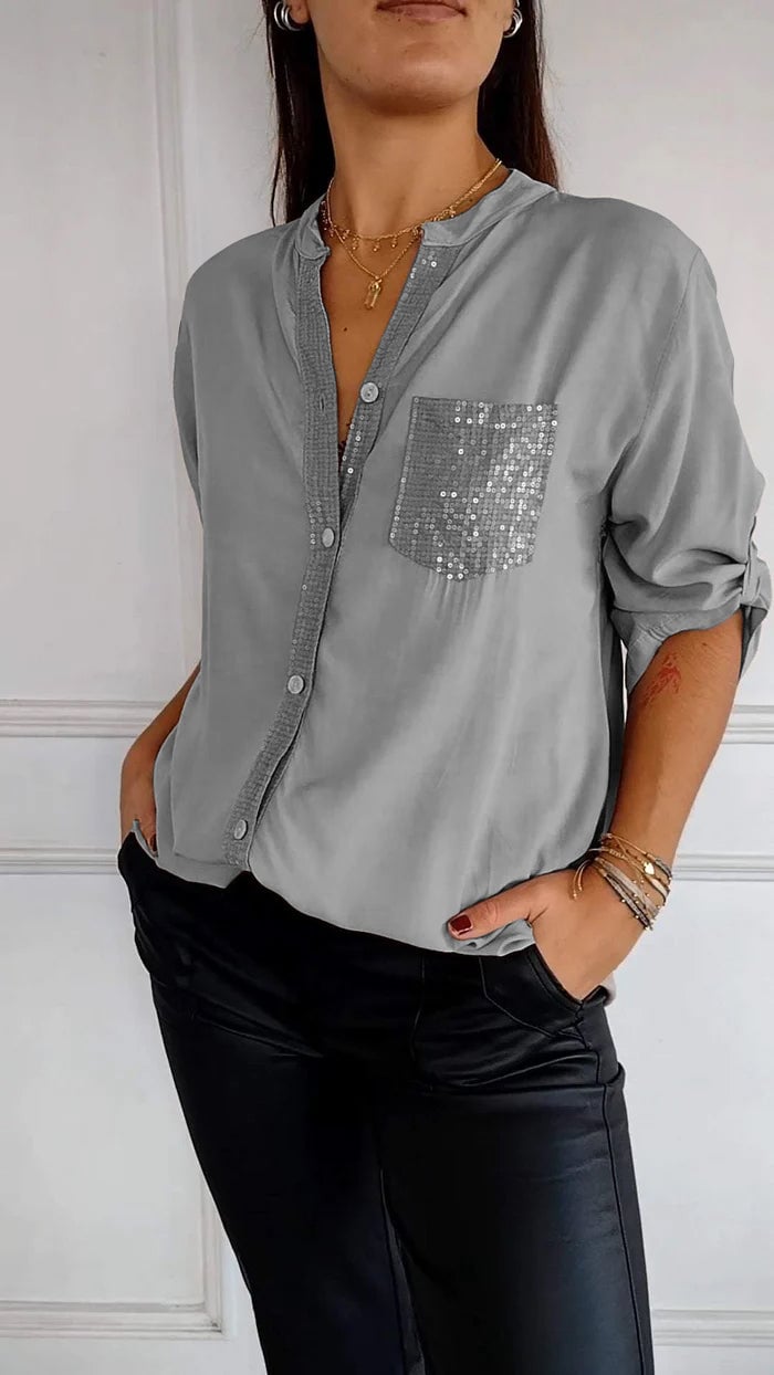 Baumwoll-V-Ausschnitt Pailletten Halbarm Casual-Top (2 kaufen gratis Versand)