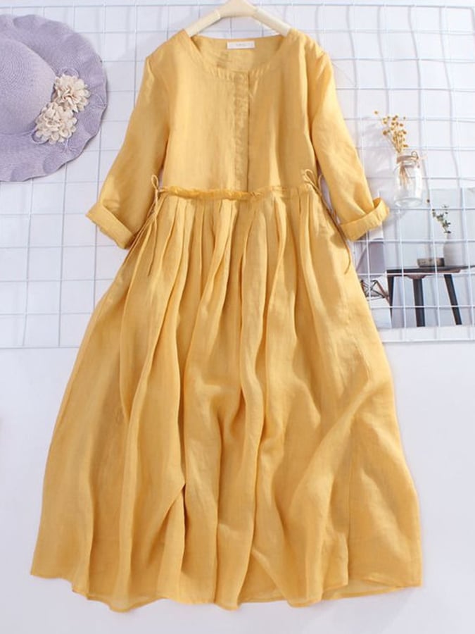 Halbarm Baumwolle Leinen Lockeres Schnürkleid mit weitem Rock