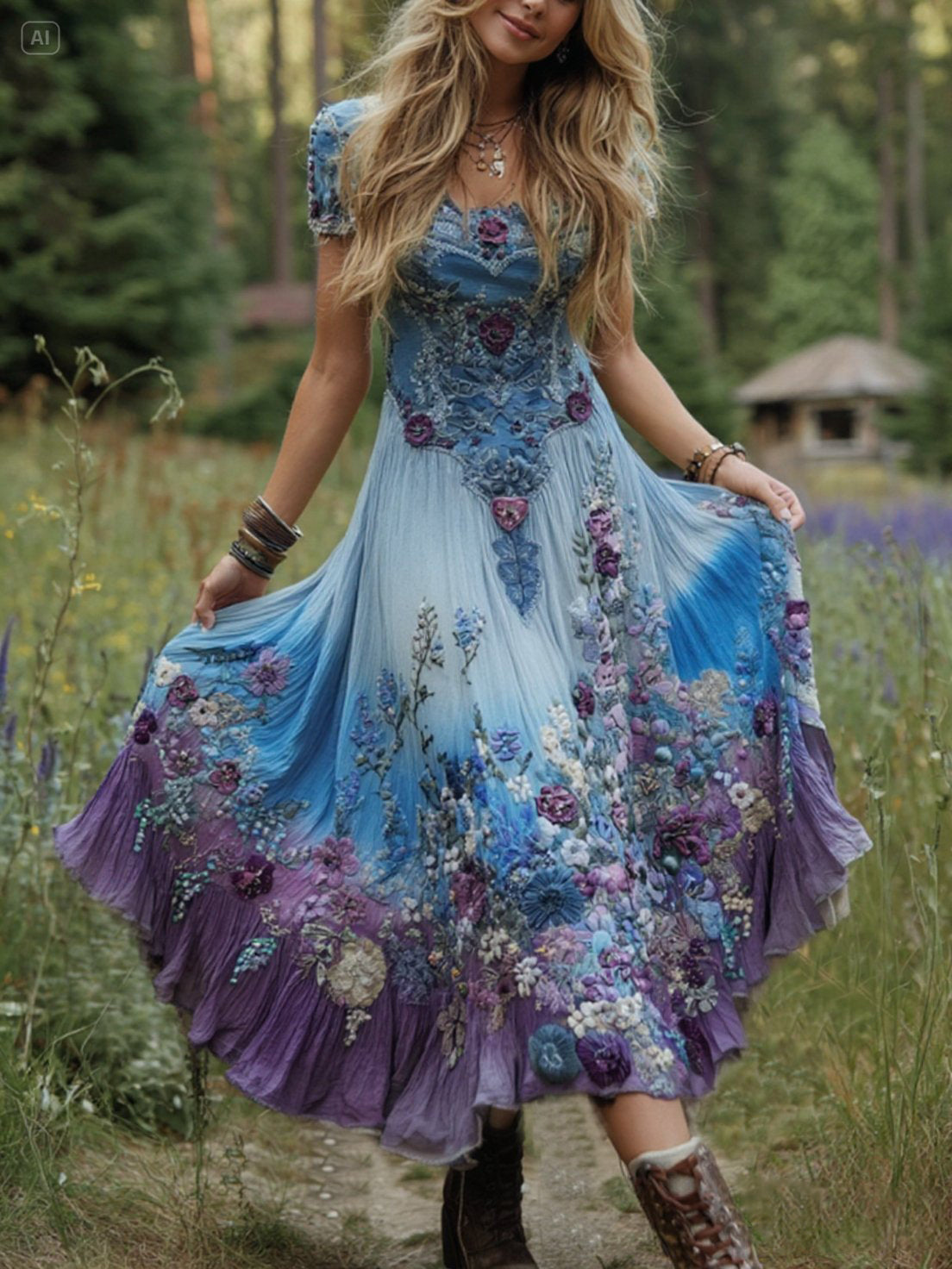 Elegantes Gradienten-Maxikleid aus Leinen in Lila-Lavendel mit Blumenstickerei