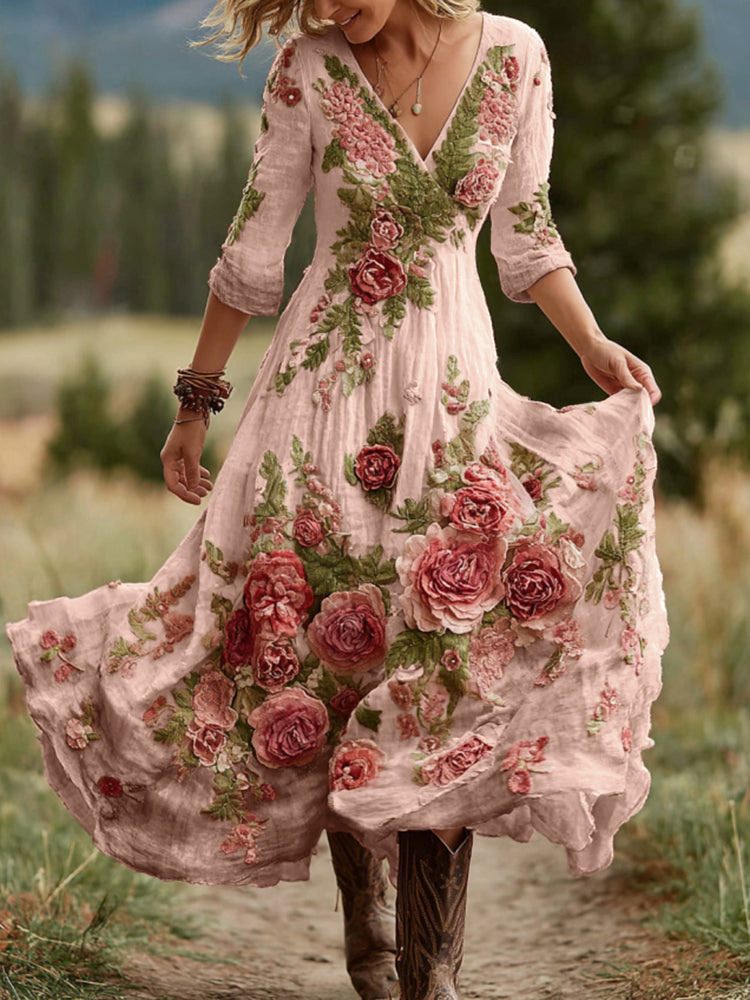 Damen Vintage Rosen Blumenkunst V-Ausschnitt Leinenmischung Bequemes Maxikleid