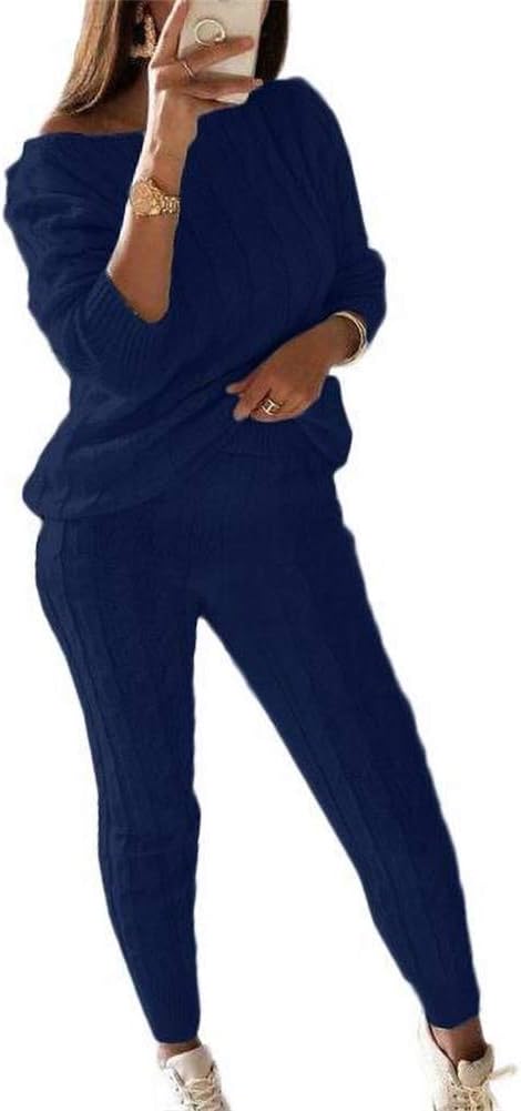 Damen Herbst Strick 2-teilige Outfits Pullover Shirt Top und Bodycon Hose Freizeit Jumpsuit Strampler Plus Size