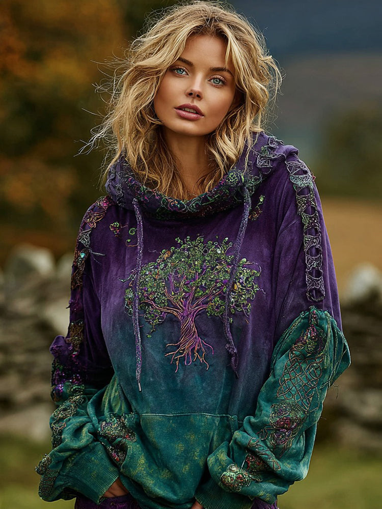 Damen Vintage Keltischer Knoten Wikinger Lebensbaum Kunst Grafik Gemütlicher Kapuzenpullover