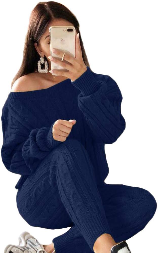 Damen Herbst Strick 2-teilige Outfits Pullover Shirt Top und Bodycon Hose Freizeit Jumpsuit Strampler Plus Size