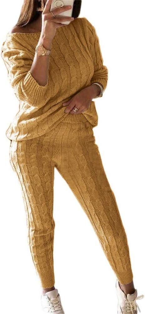 Damen Herbst Strick 2-teilige Outfits Pullover Shirt Top und Bodycon Hose Freizeit Jumpsuit Strampler Plus Size