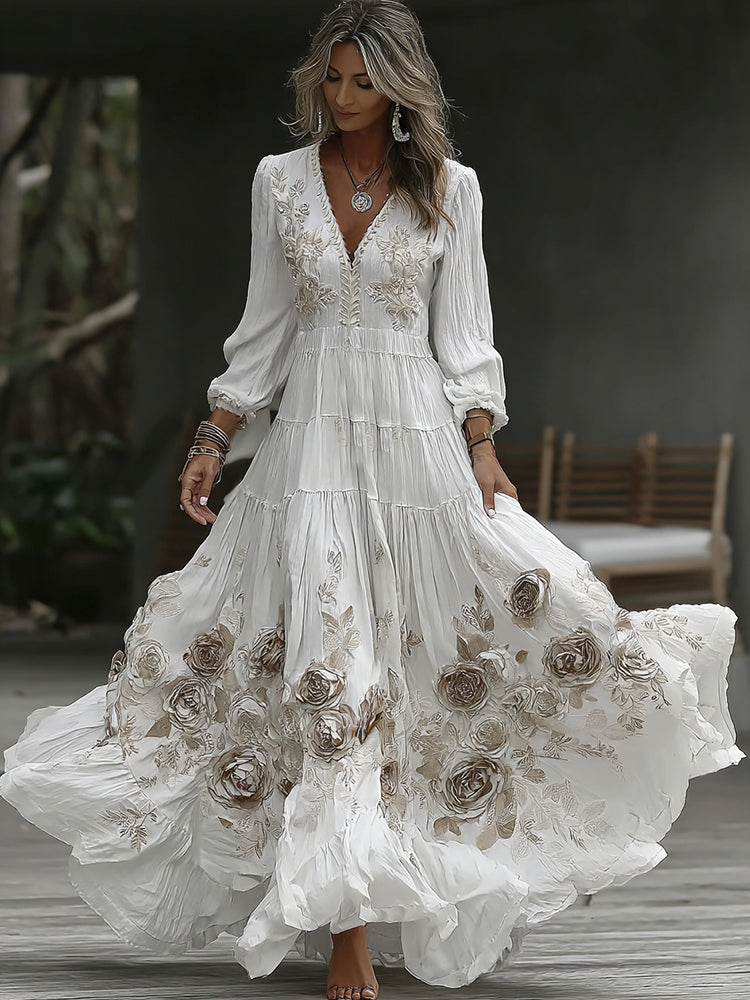 Damen Vintage Rose Stickerei Kunst V-Ausschnitt Freizeit Langarm Maxikleid