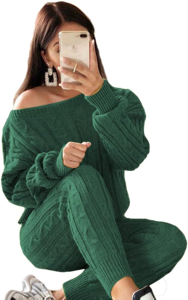 Damen Herbst Strick 2-teilige Outfits Pullover Shirt Top und Bodycon Hose Freizeit Jumpsuit Strampler Plus Size