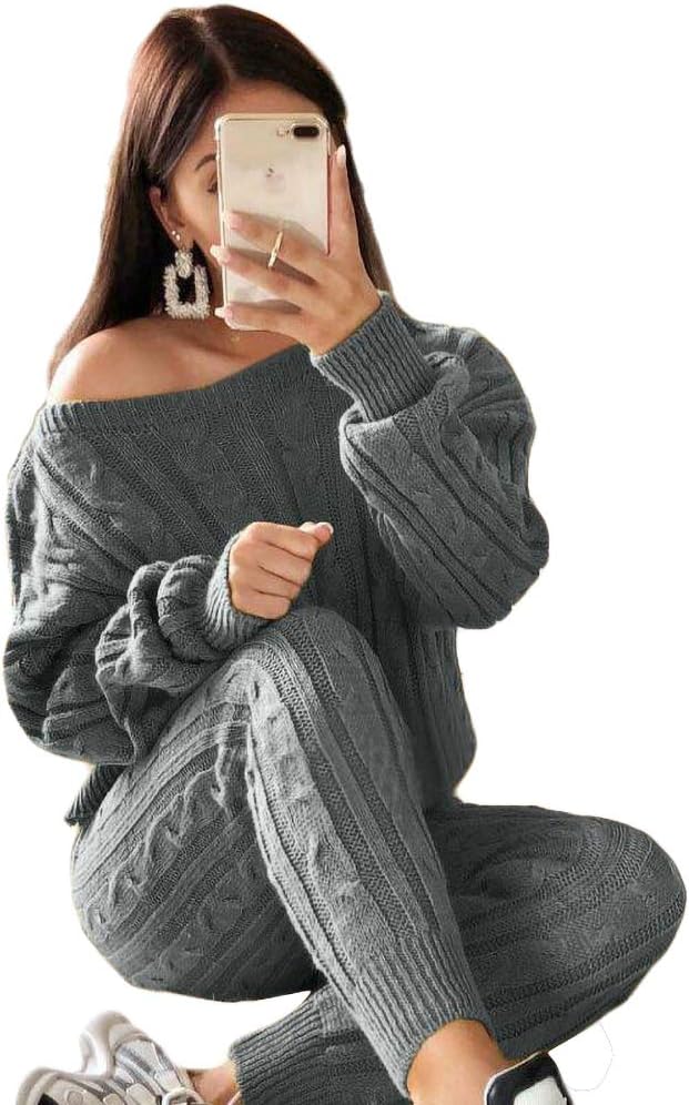 Damen Herbst Strick 2-teilige Outfits Pullover Shirt Top und Bodycon Hose Freizeit Jumpsuit Strampler Plus Size