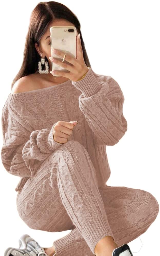 Damen Herbst Strick 2-teilige Outfits Pullover Shirt Top und Bodycon Hose Freizeit Jumpsuit Strampler Plus Size