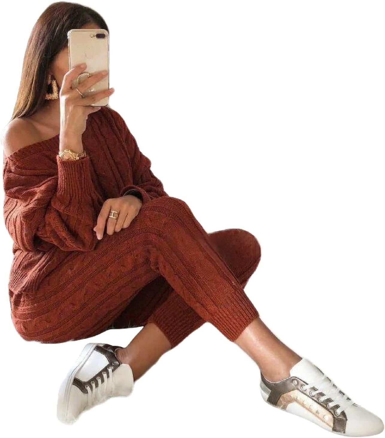 Damen Herbst Strick 2-teilige Outfits Pullover Shirt Top und Bodycon Hose Freizeit Jumpsuit Strampler Plus Size