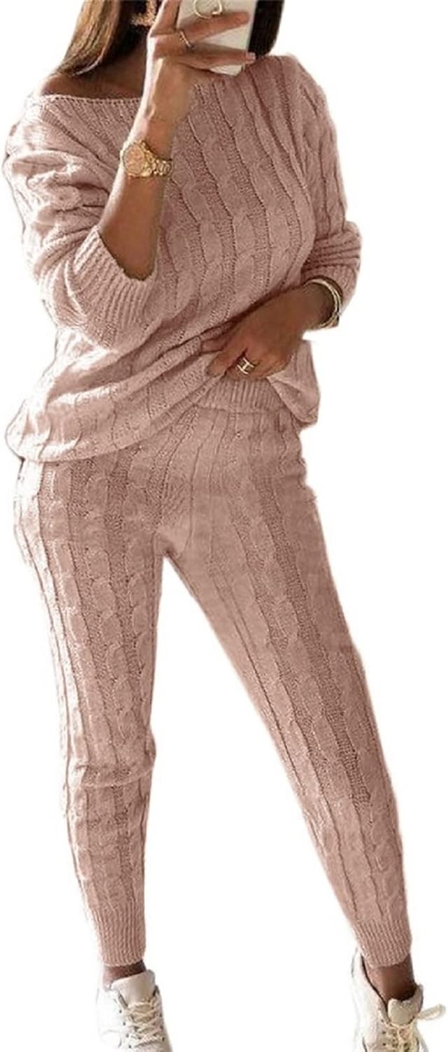 Damen Herbst Strick 2-teilige Outfits Pullover Shirt Top und Bodycon Hose Freizeit Jumpsuit Strampler Plus Size