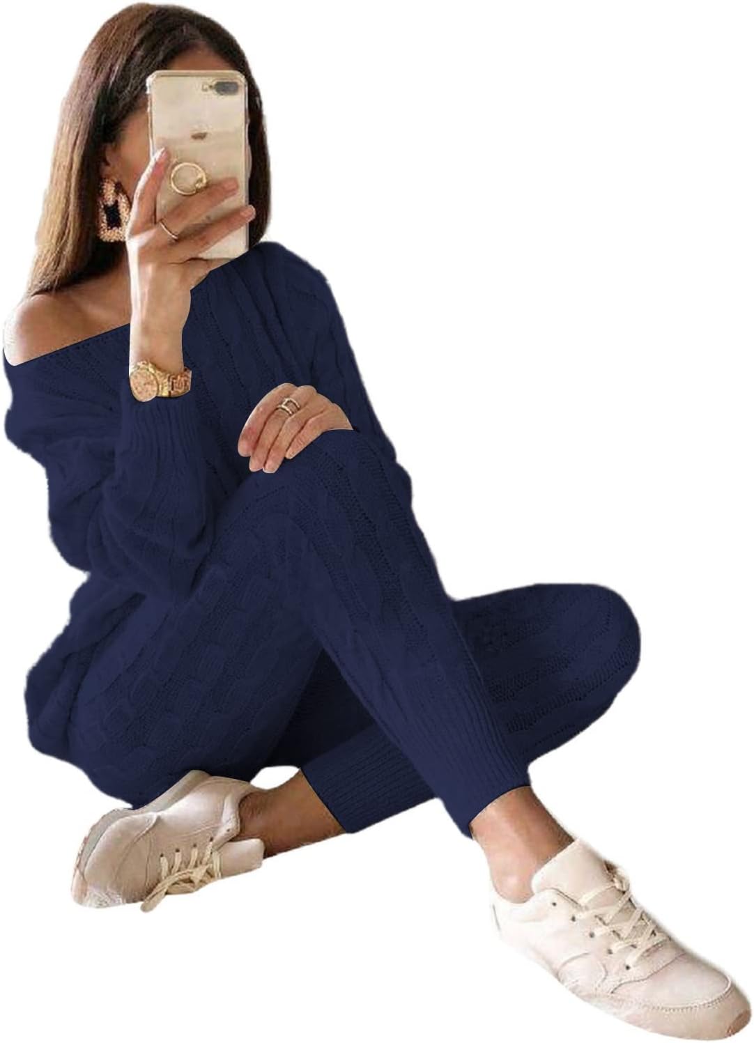 Damen Herbst Strick 2-teilige Outfits Pullover Shirt Top und Bodycon Hose Freizeit Jumpsuit Strampler Plus Size