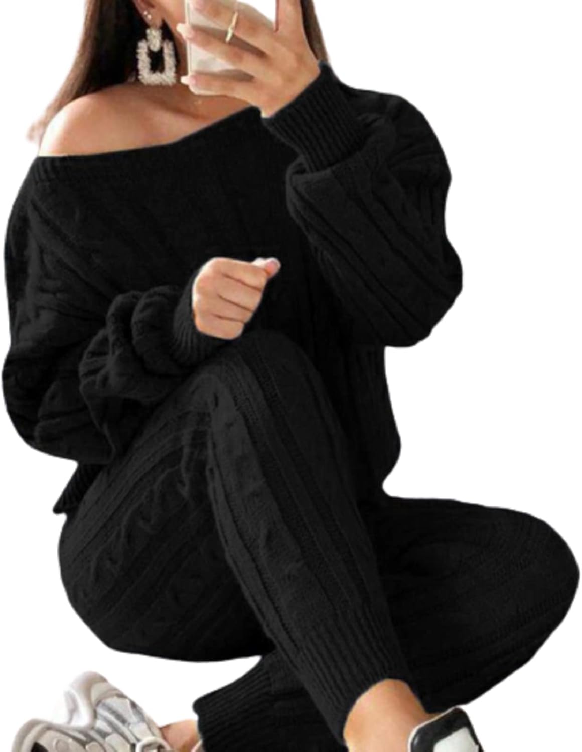 Damen Herbst Strick 2-teilige Outfits Pullover Shirt Top und Bodycon Hose Freizeit Jumpsuit Strampler Plus Size