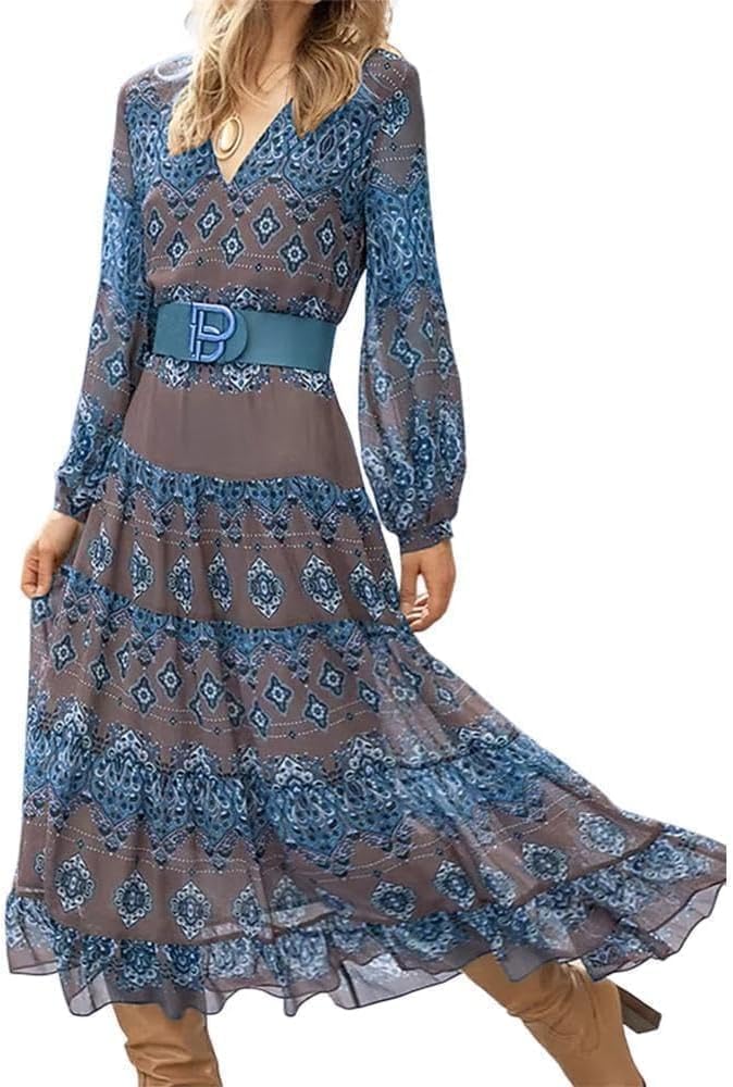 Damen fließendes ethnisches Puffärmel-Midikleid, lässiges Boho-Blumen-Swing-Kleid mit V-Ausschnitt, Urlaubskleid mit Rüschen und Gürtel