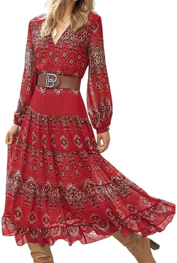 Damen fließendes ethnisches Puffärmel-Midikleid, lässiges Boho-Blumen-Swing-Kleid mit V-Ausschnitt, Urlaubskleid mit Rüschen und Gürtel