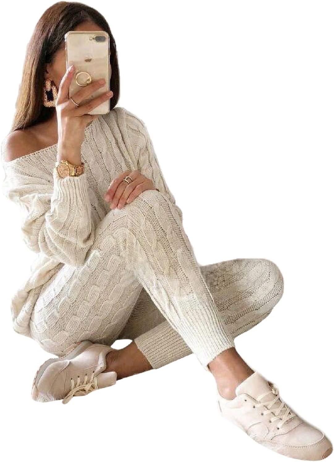 Damen Herbst Strick 2-teilige Outfits Pullover Shirt Top und Bodycon Hose Freizeit Jumpsuit Strampler Plus Size