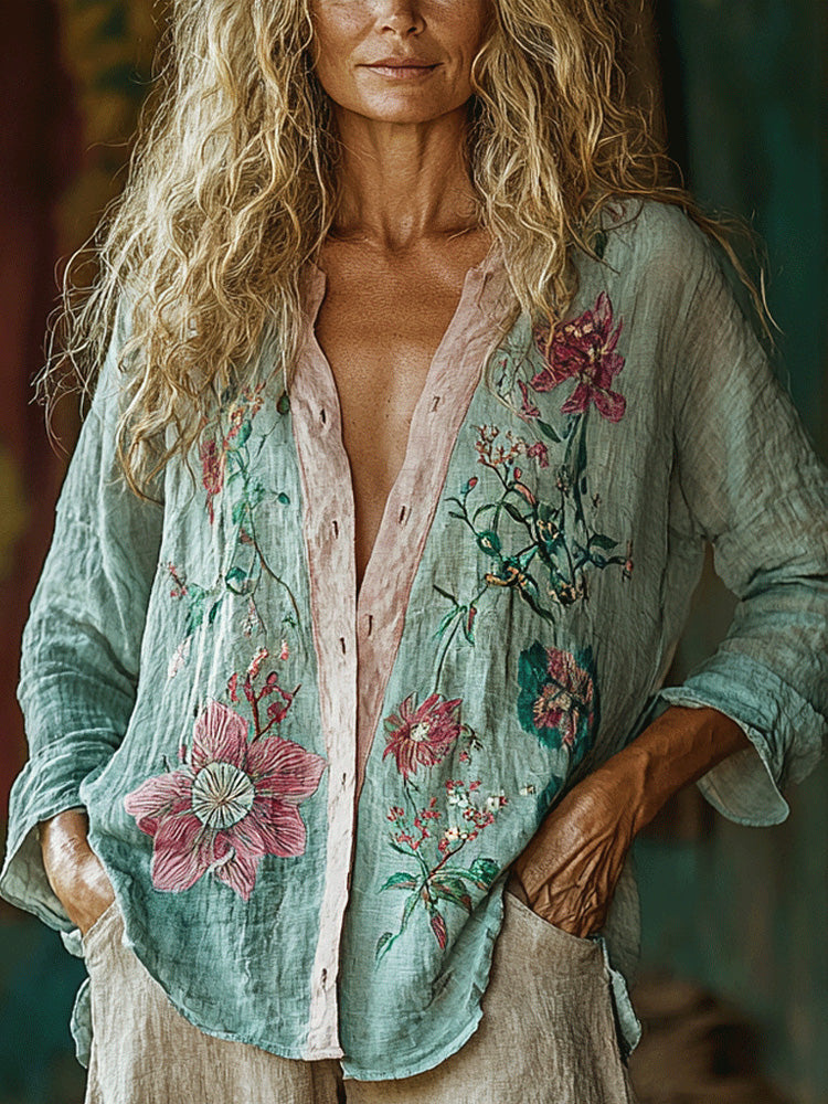 Damen lässiges Bohemian Leinen Blusenshirt mit Blumenmuster und langen Ärmeln