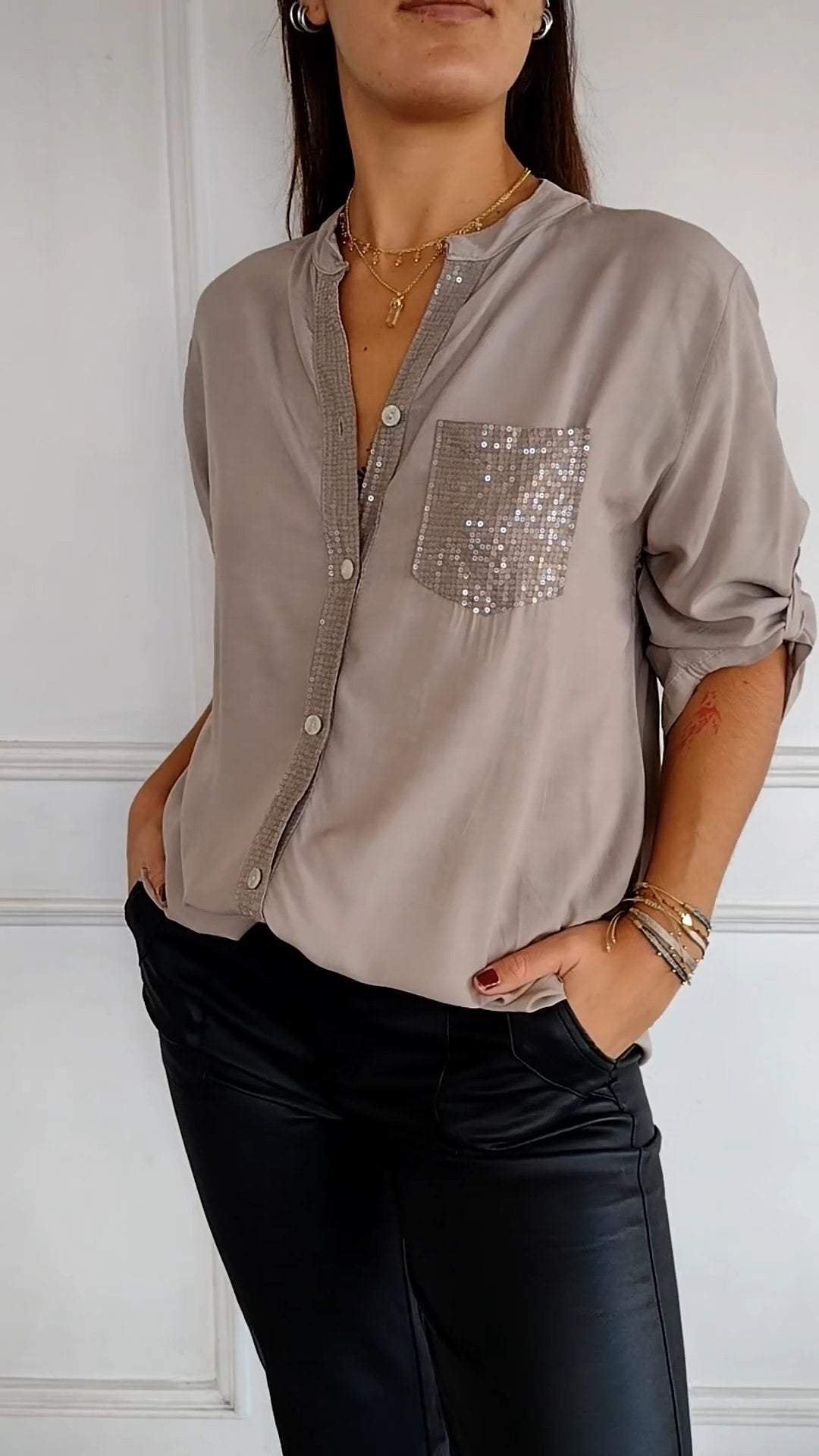Baumwoll-V-Ausschnitt Pailletten Halbarm Casual-Top (2 kaufen gratis Versand)