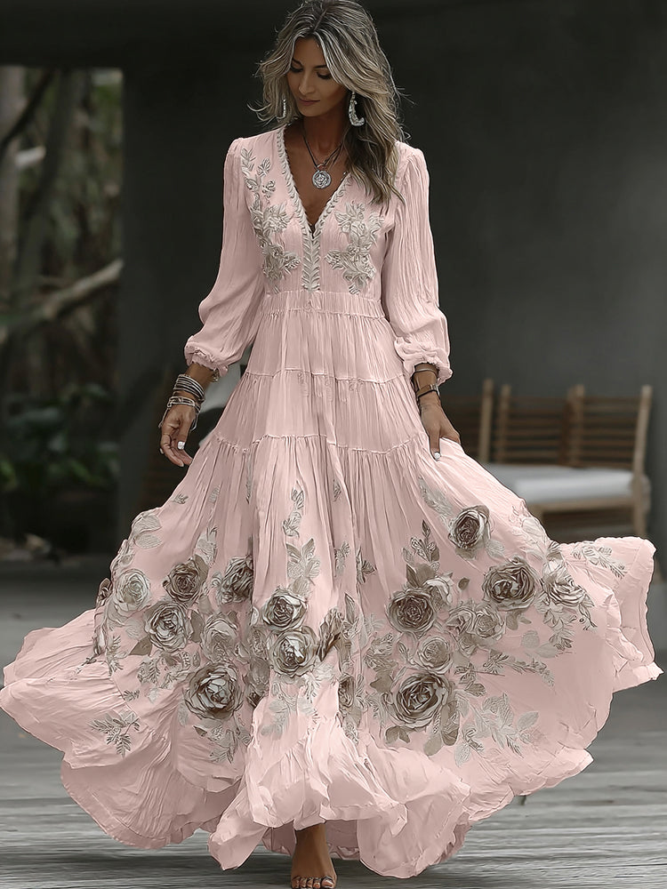 Damen Vintage Rose Stickerei Kunst V-Ausschnitt Freizeit Langarm Maxikleid