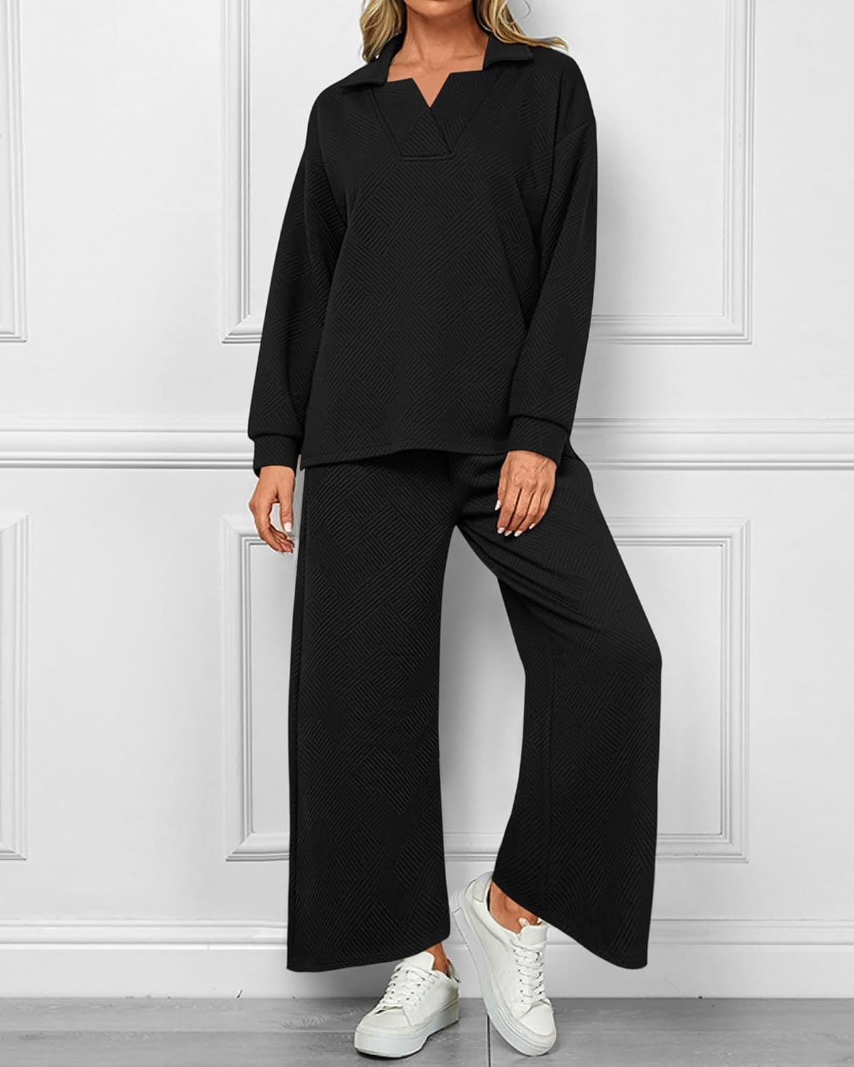 Damen Revers V-Ausschnitt Strukturierte Lounge-Sets (2 kaufen, kostenloser Versand)