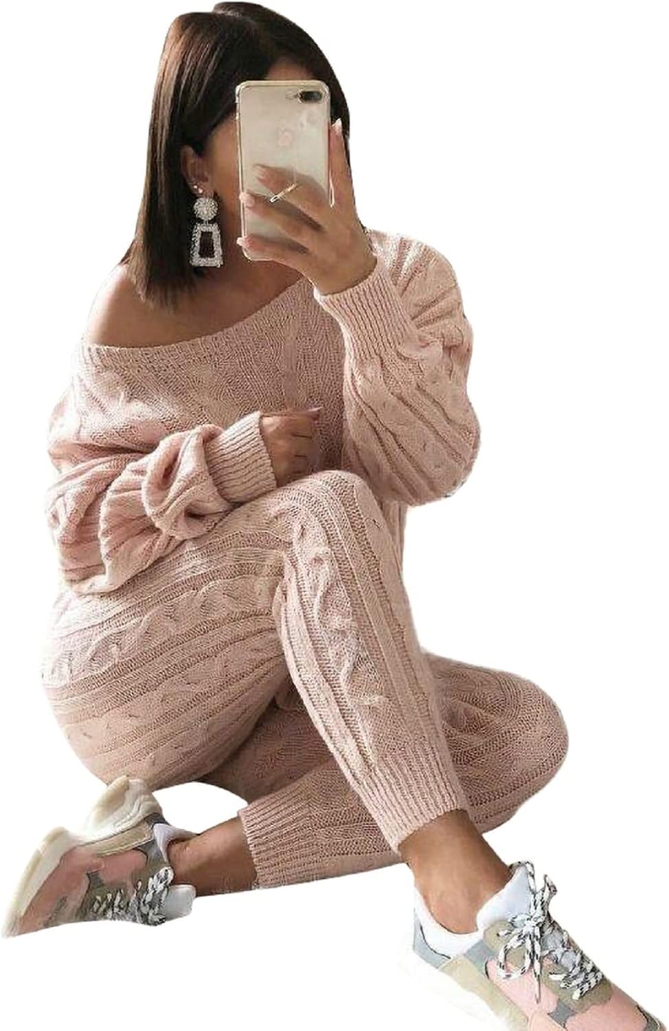 Damen Herbst Strick 2-teilige Outfits Pullover Shirt Top und Bodycon Hose Freizeit Jumpsuit Strampler Plus Size
