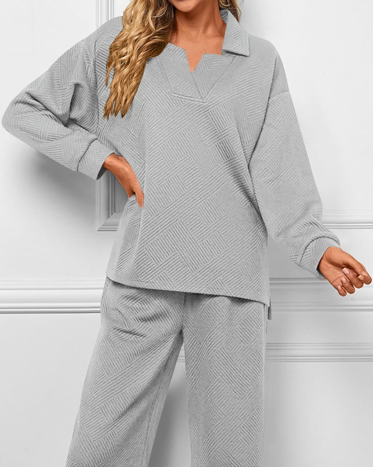 Damen Revers V-Ausschnitt Strukturierte Lounge-Sets (2 kaufen, kostenloser Versand)