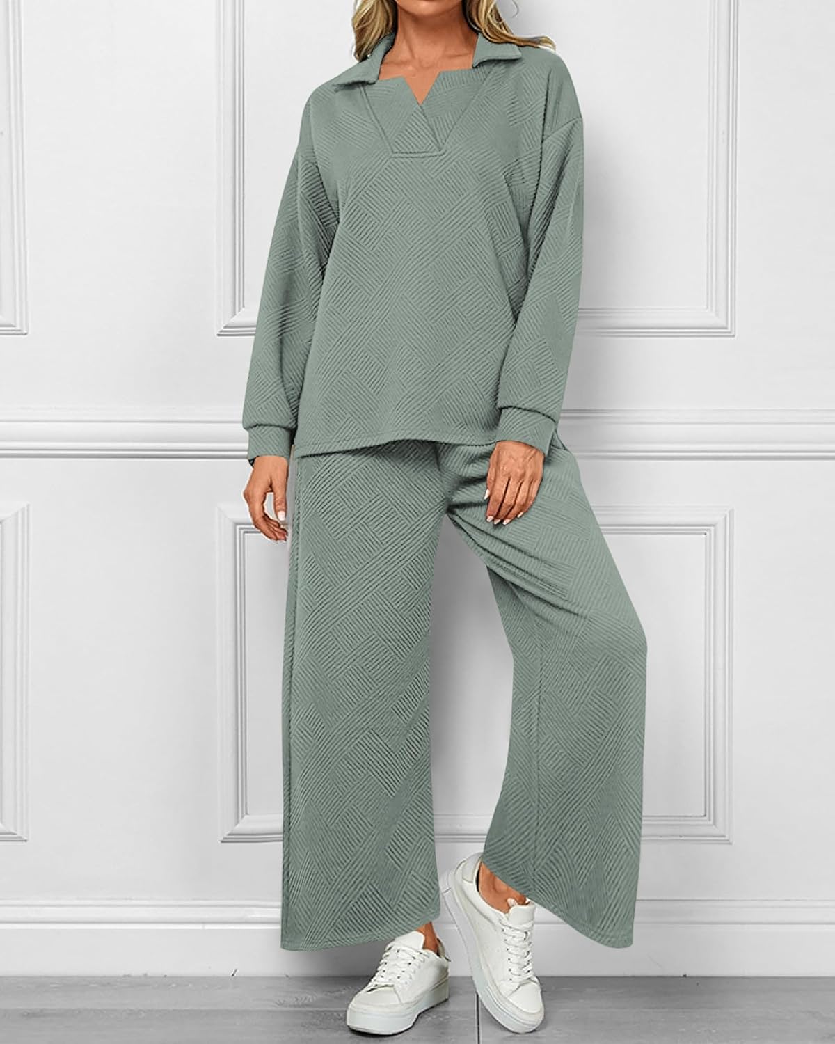 Damen Revers V-Ausschnitt Strukturierte Lounge-Sets (2 kaufen, kostenloser Versand)