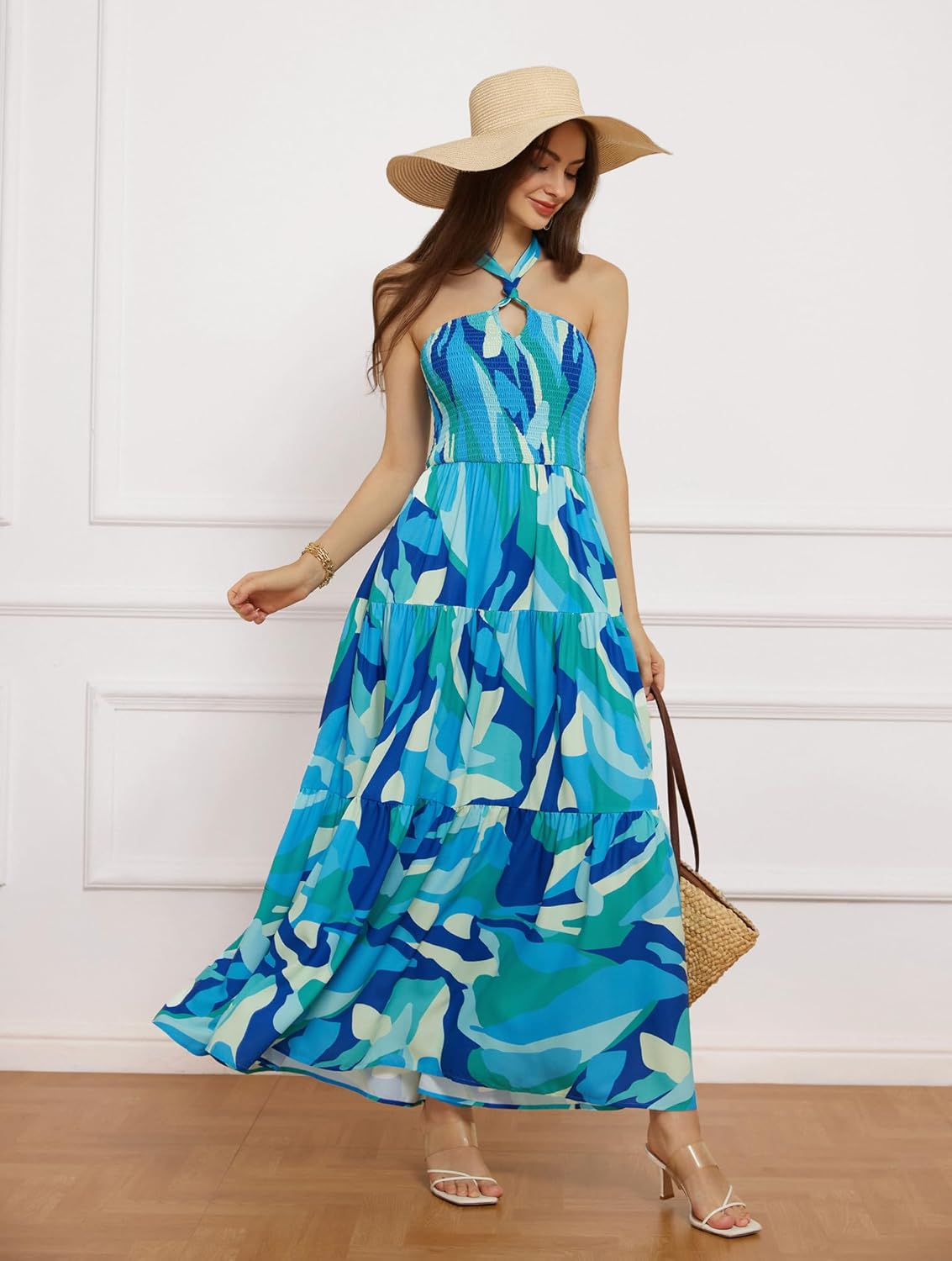 GRACE KARIN Women's Summer Dresses 2025 Halter Neck Sleeveless Smocked Backless Cut Out Floral Flowy A Line Maxi Dress