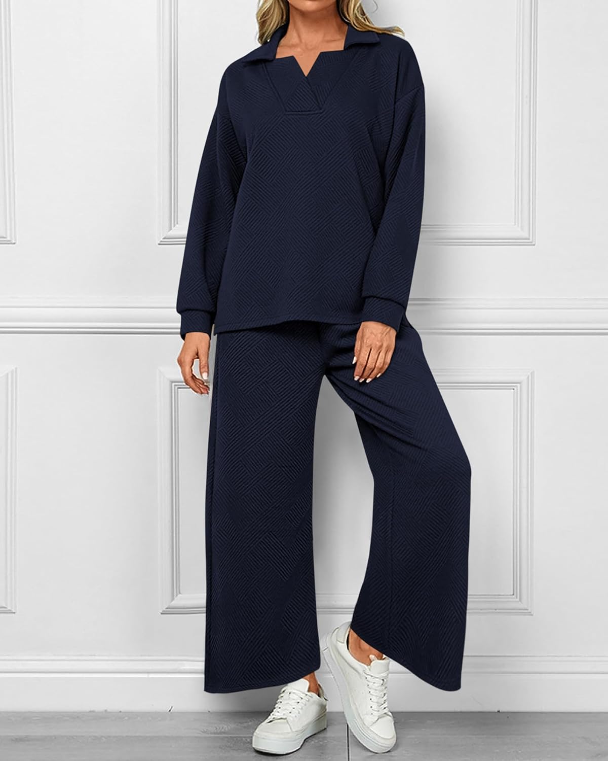Damen Revers V-Ausschnitt Strukturierte Lounge-Sets (2 kaufen, kostenloser Versand)