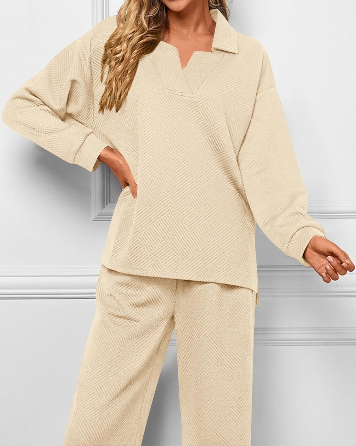 Damen Revers V-Ausschnitt Strukturierte Lounge-Sets (2 kaufen, kostenloser Versand)