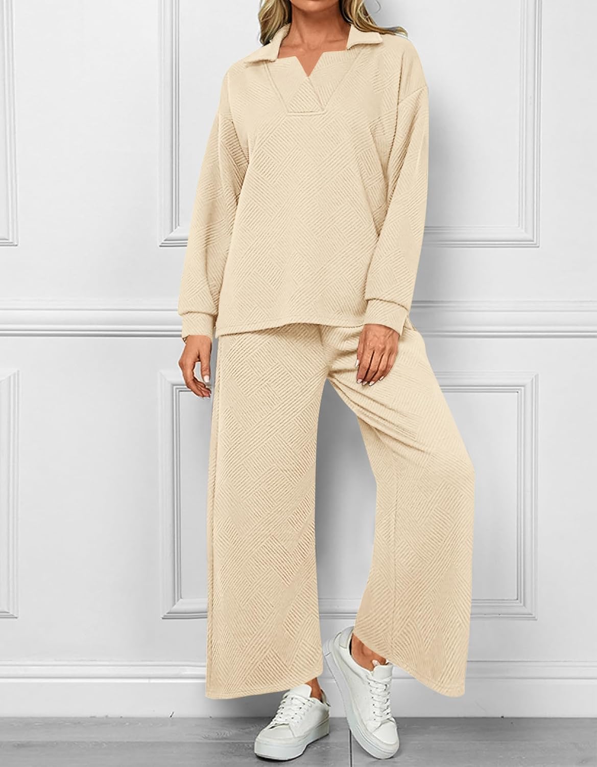 Damen Revers V-Ausschnitt Strukturierte Lounge-Sets (2 kaufen, kostenloser Versand)