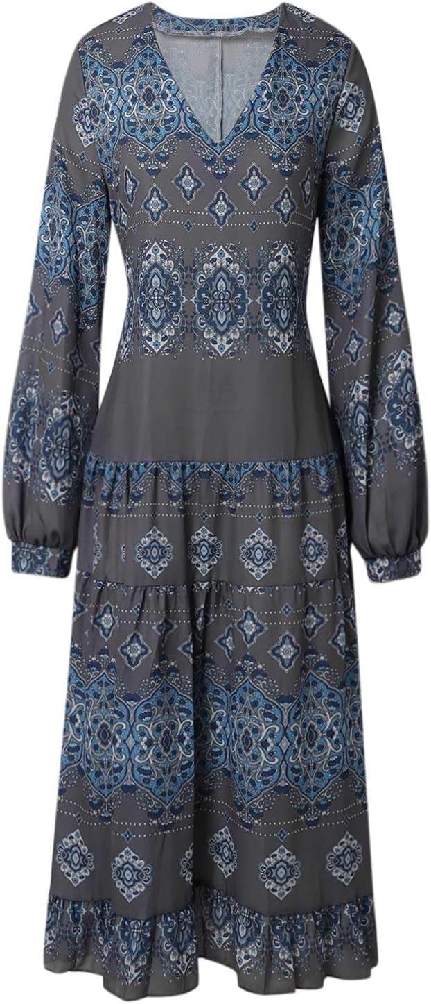 Damen fließendes ethnisches Puffärmel-Midikleid, lässiges Boho-Blumen-Swing-Kleid mit V-Ausschnitt, Urlaubskleid mit Rüschen und Gürtel