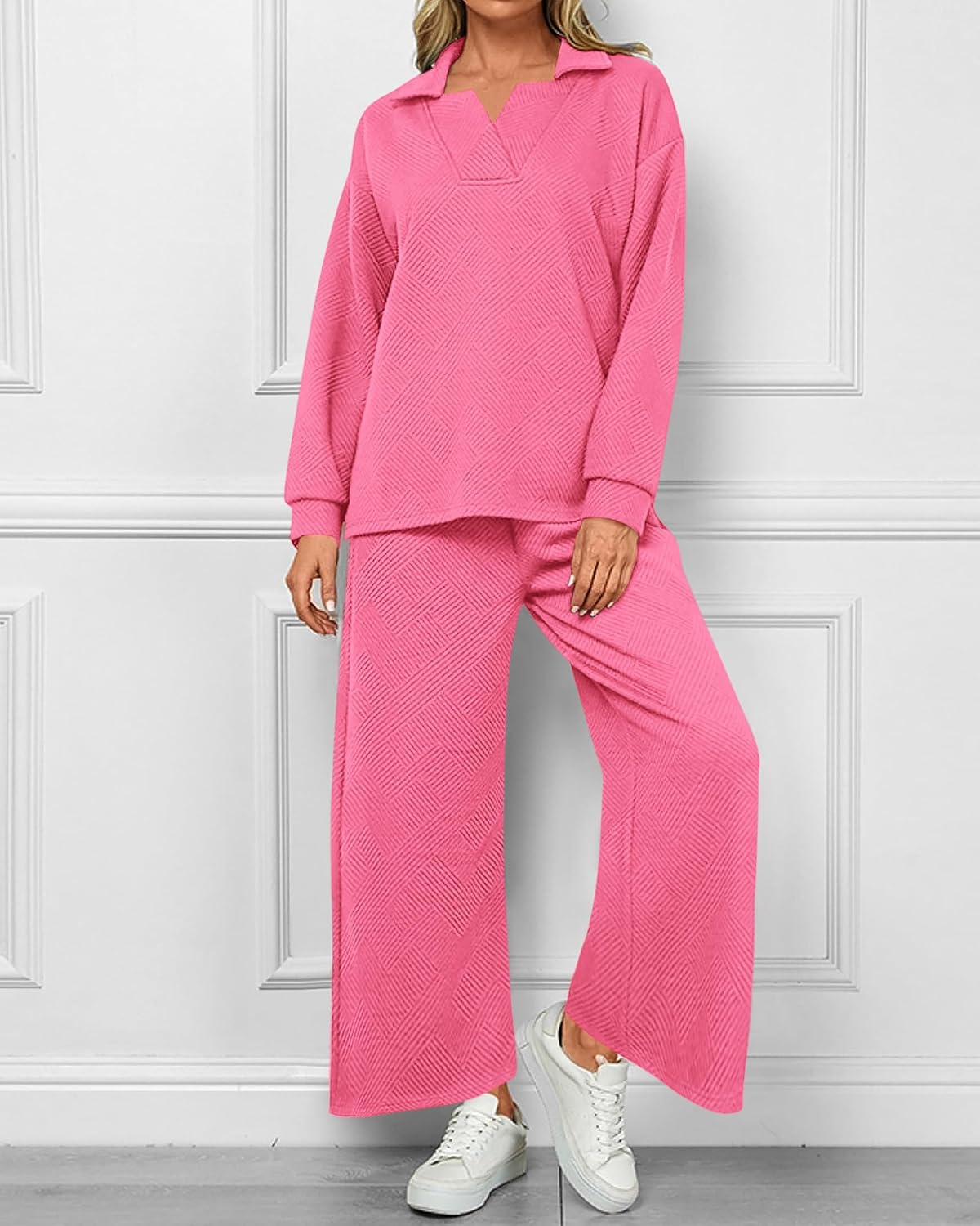 Damen Revers V-Ausschnitt Strukturierte Lounge-Sets (2 kaufen, kostenloser Versand)