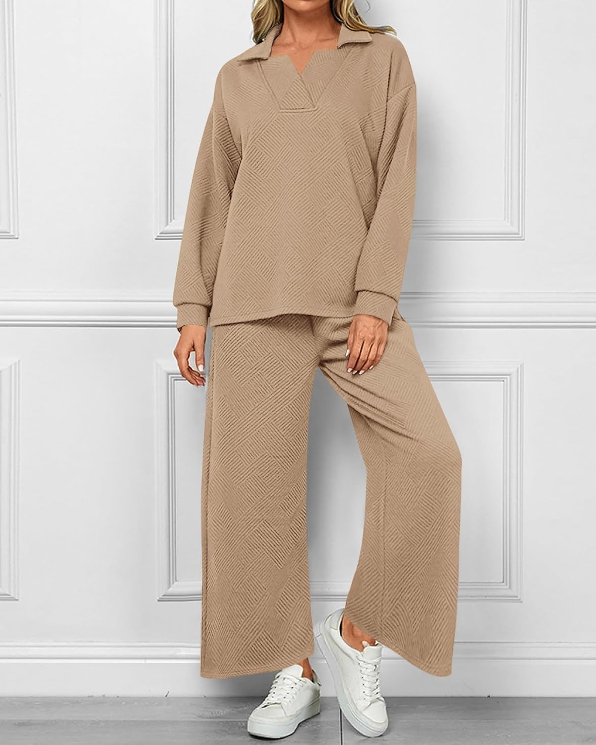 Damen Revers V-Ausschnitt Strukturierte Lounge-Sets (2 kaufen, kostenloser Versand)