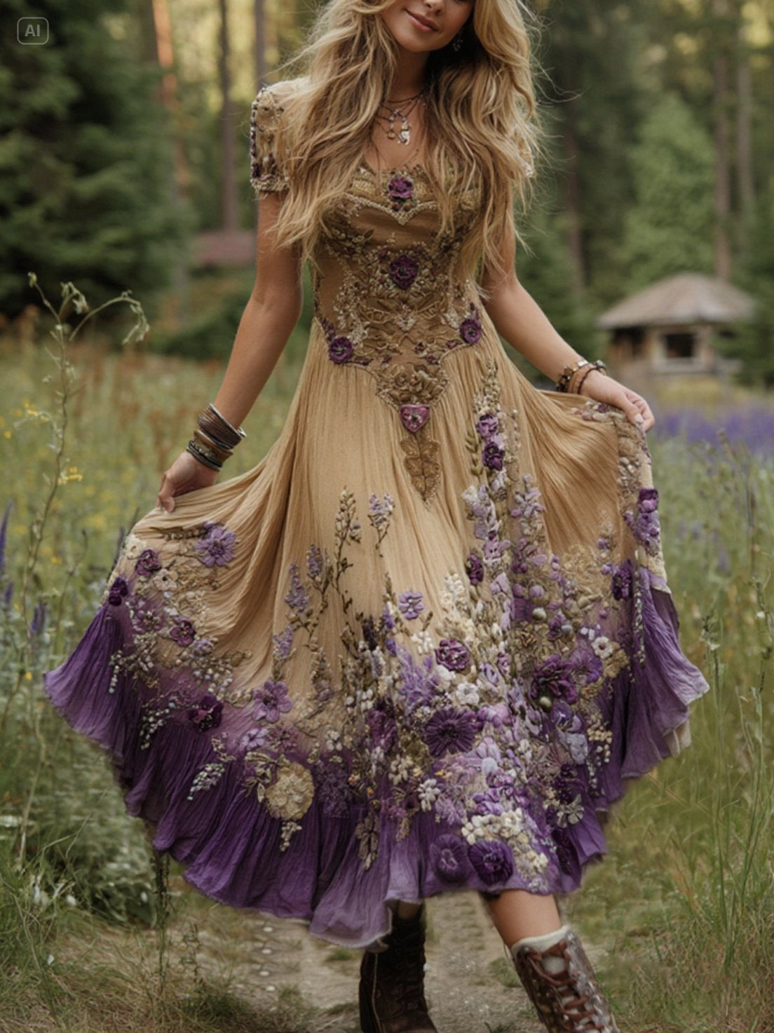 Elegantes Gradienten-Maxikleid aus Leinen in Lila-Lavendel mit Blumenstickerei