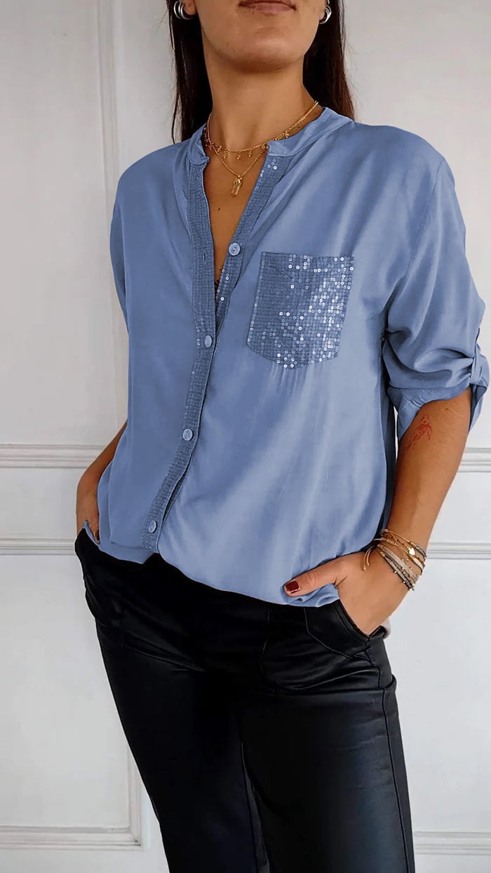 Baumwoll-V-Ausschnitt Pailletten Halbarm Casual-Top (2 kaufen gratis Versand)