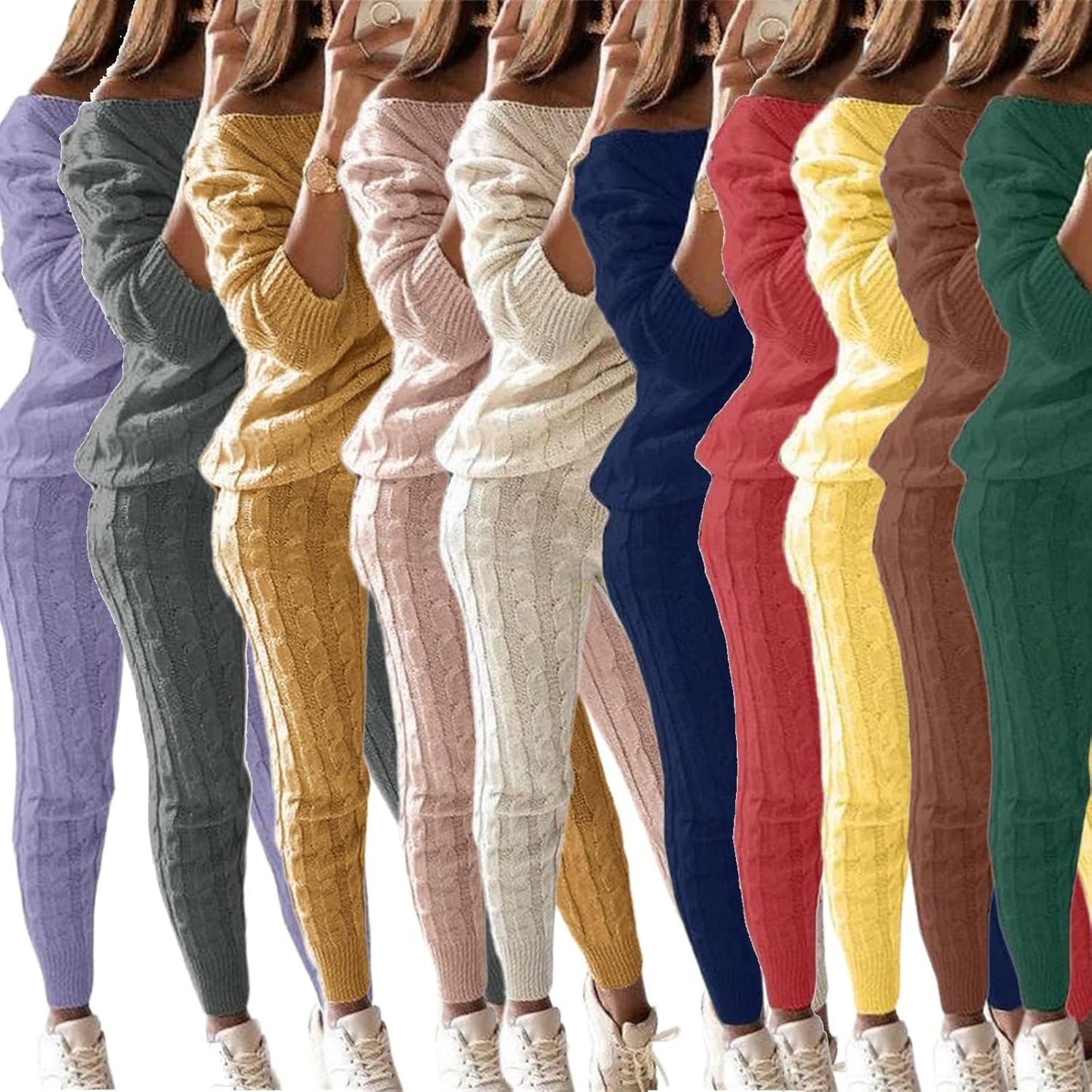 Damen Herbst Strick 2-teilige Outfits Pullover Shirt Top und Bodycon Hose Freizeit Jumpsuit Strampler Plus Size