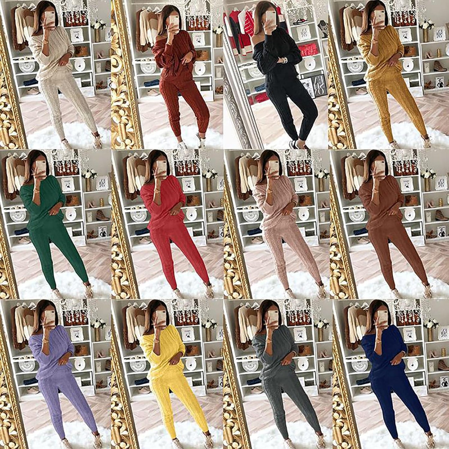 Damen Herbst Strick 2-teilige Outfits Pullover Shirt Top und Bodycon Hose Freizeit Jumpsuit Strampler Plus Size