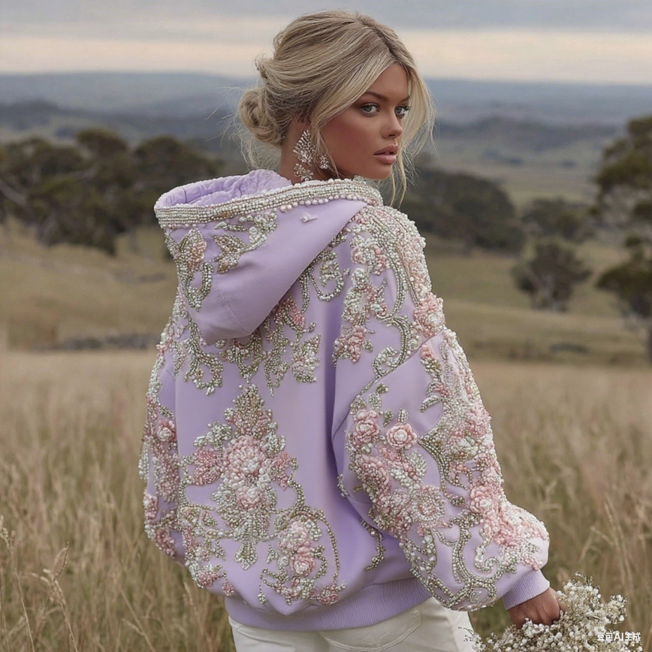 Damen Hoodie mit Blumenstickerei und langen Ärmeln, Rosa