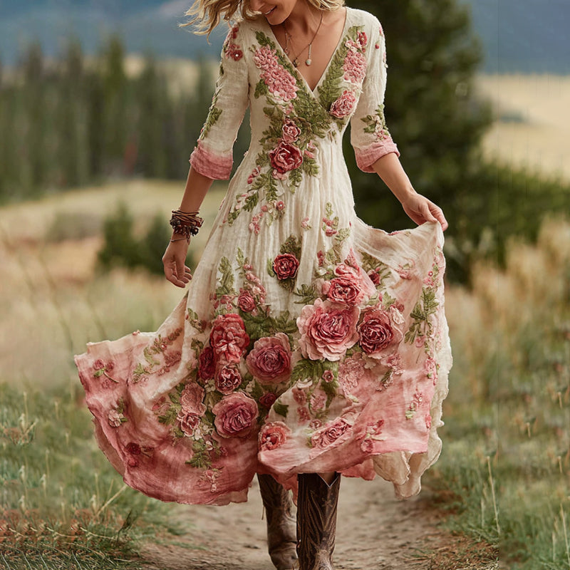 Damen Vintage Rosen Blumenkunst V-Ausschnitt Leinenmischung Bequemes Maxikleid