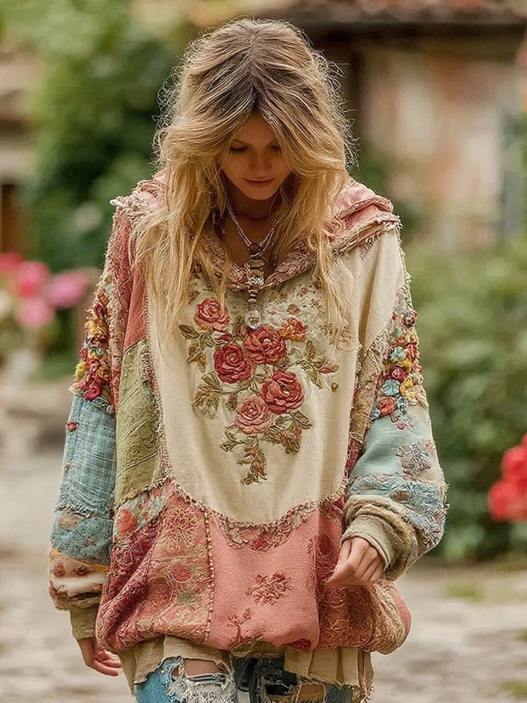 Damen Vintage Blumenmuster Hoodie