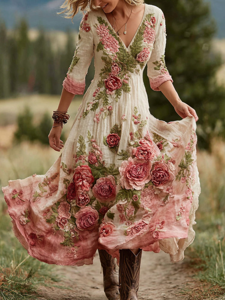 Damen Vintage Rosen Blumenkunst V-Ausschnitt Leinenmischung Bequemes Maxikleid