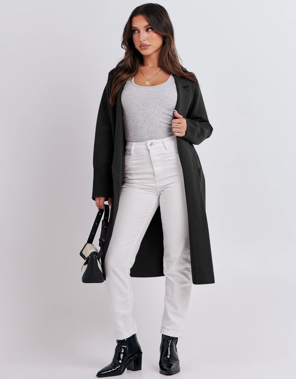 ANRABESS Cardigan für Damen Oversized Offener Pullover Mantel Langarm Revers Blazer Jacke Herbst Oberbekleidung Coatigan