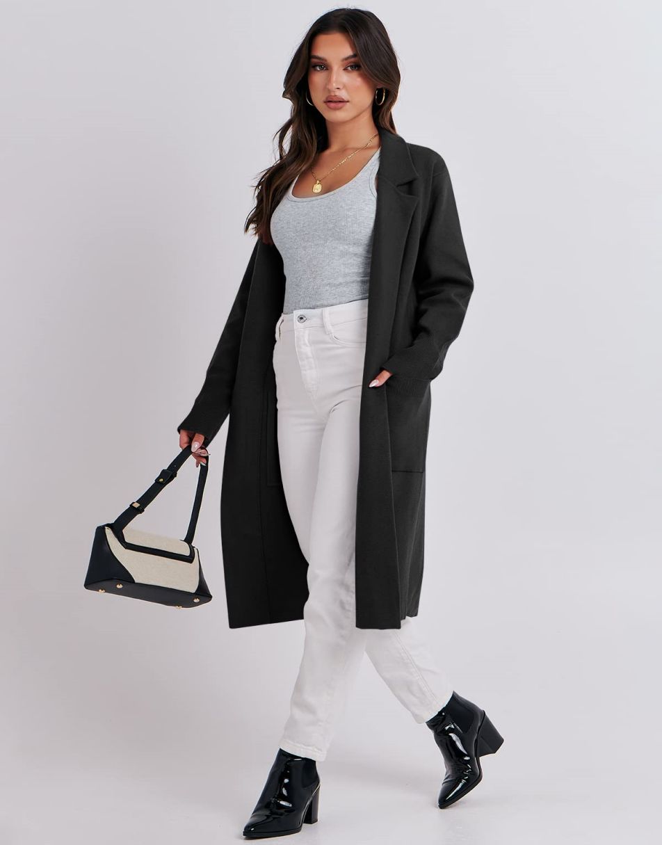 ANRABESS Cardigan für Damen Oversized Offener Pullover Mantel Langarm Revers Blazer Jacke Herbst Oberbekleidung Coatigan