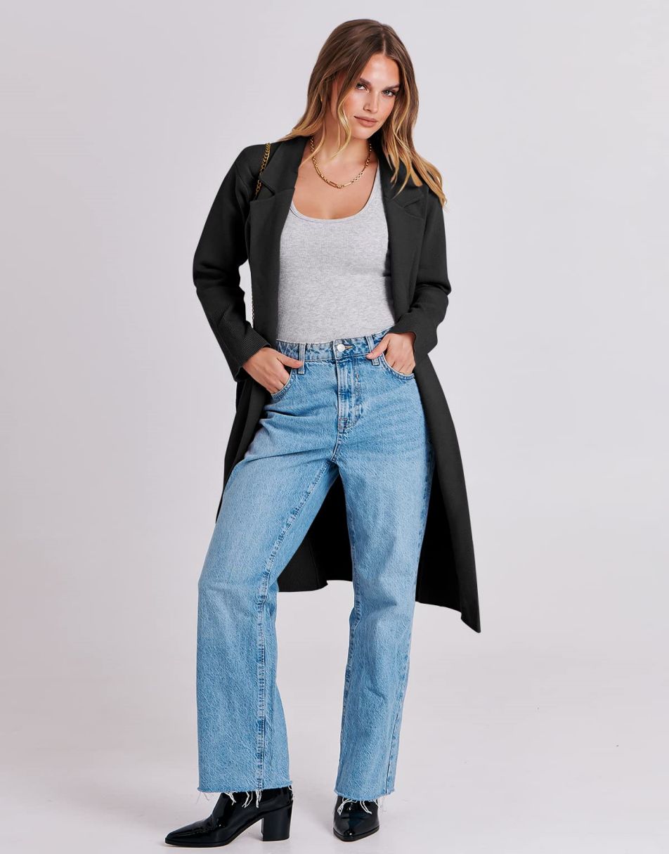 ANRABESS Cardigan für Damen Oversized Offener Pullover Mantel Langarm Revers Blazer Jacke Herbst Oberbekleidung Coatigan