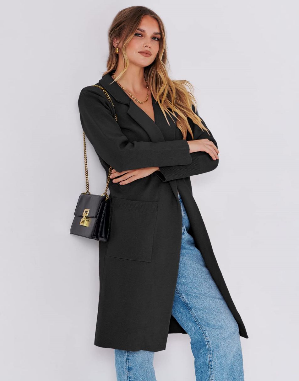 ANRABESS Cardigan für Damen Oversized Offener Pullover Mantel Langarm Revers Blazer Jacke Herbst Oberbekleidung Coatigan
